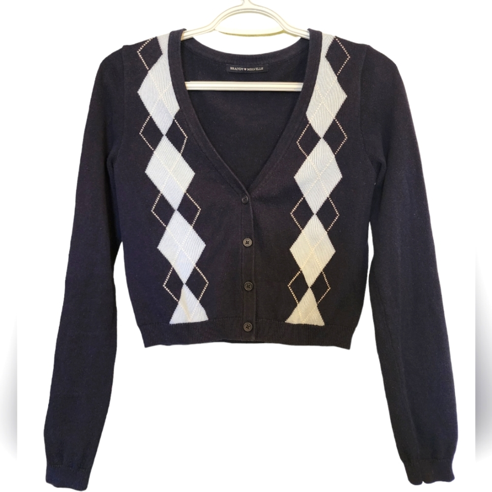 Brandy Melville Blue Argyle Cropped Cardigan